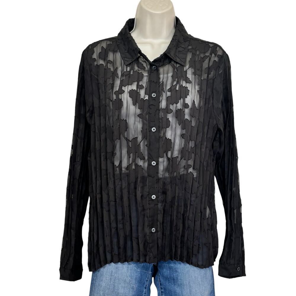 Zara Black Sheer Pleated Button Front Blouse Long Sleeve  Size Large
